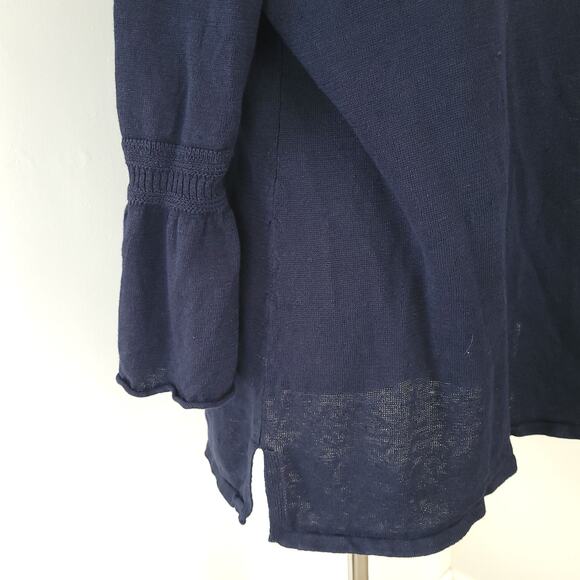 Talbots Linen Blouse Navy 3/4 Bell Sleeves Scoop Neck Large - Picture 6 of 9